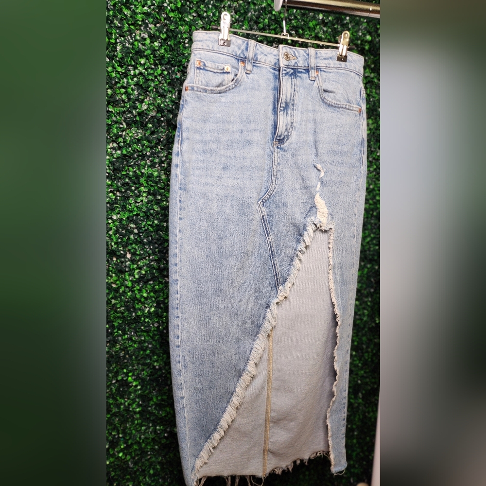 Forever 21 Light Blue Distressed Denim Midi Skirt